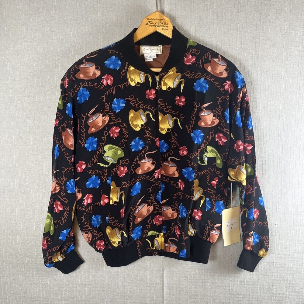 VTG NEW 100% Silk Bomber Jacket All Over Print Coffee Tea Cup Colorful Kitschy S